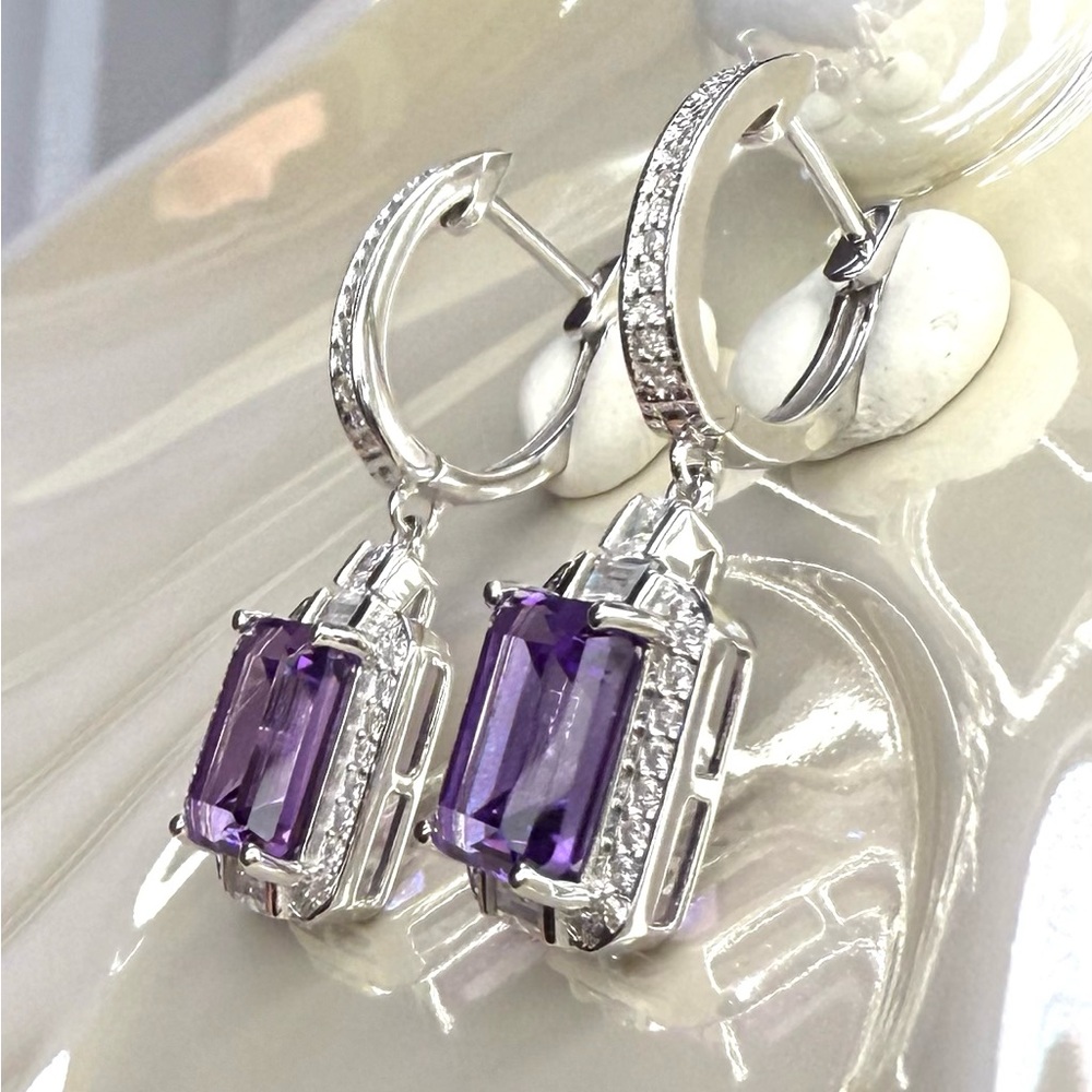 EA1 6.9CT High Quality Natural Russian Amethyst Huggies Earrings Rhodium S925 - Picture 5 of 12